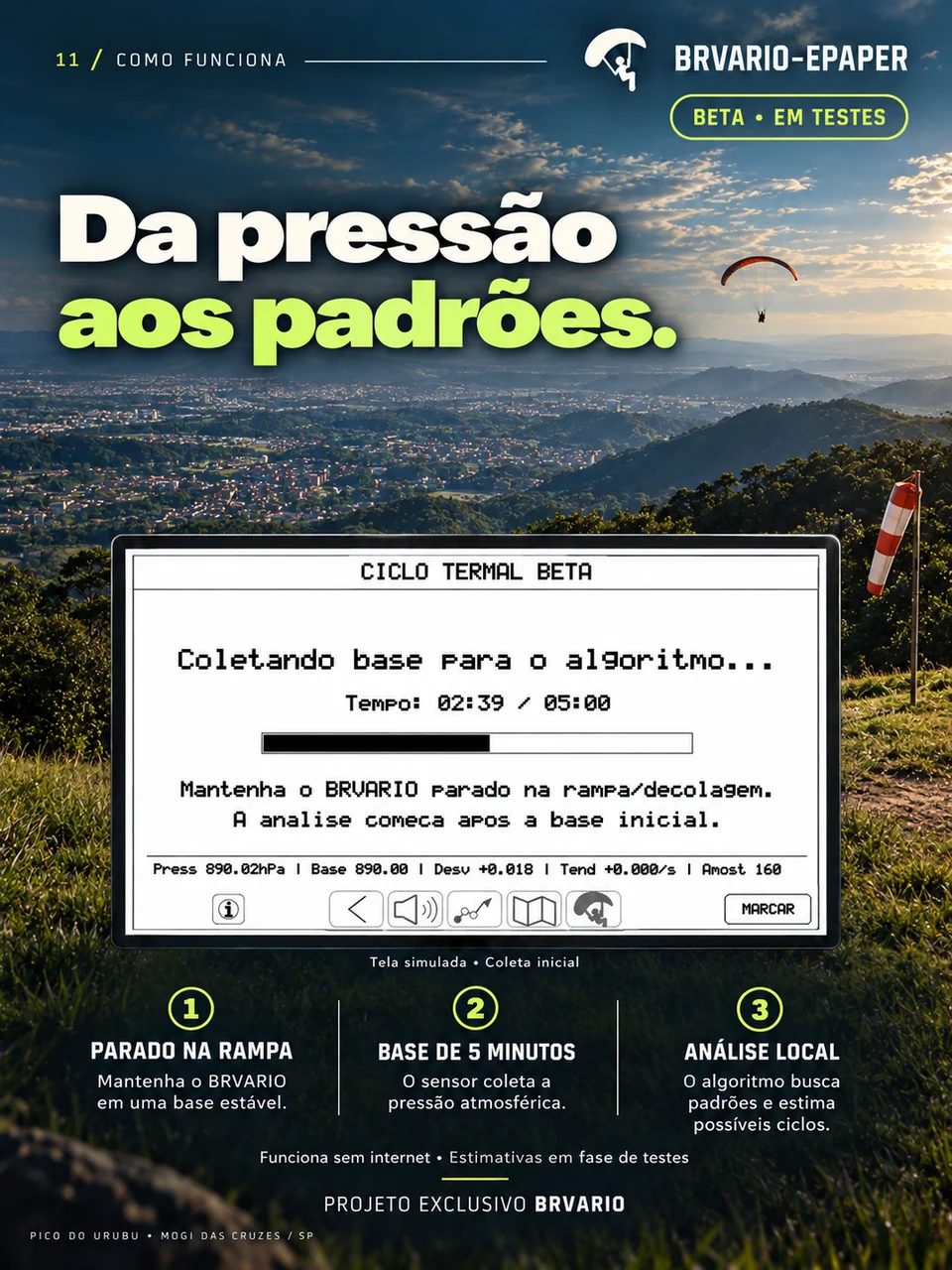 BRVARIO E-PAPER — Observar exige tempo e estabilidade. Arte de divulgação com tela demonstrativa.