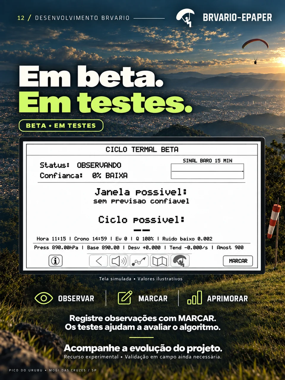 BRVARIO E-PAPER — Observar, registrar e aprimorar. Arte de divulgação com tela demonstrativa.