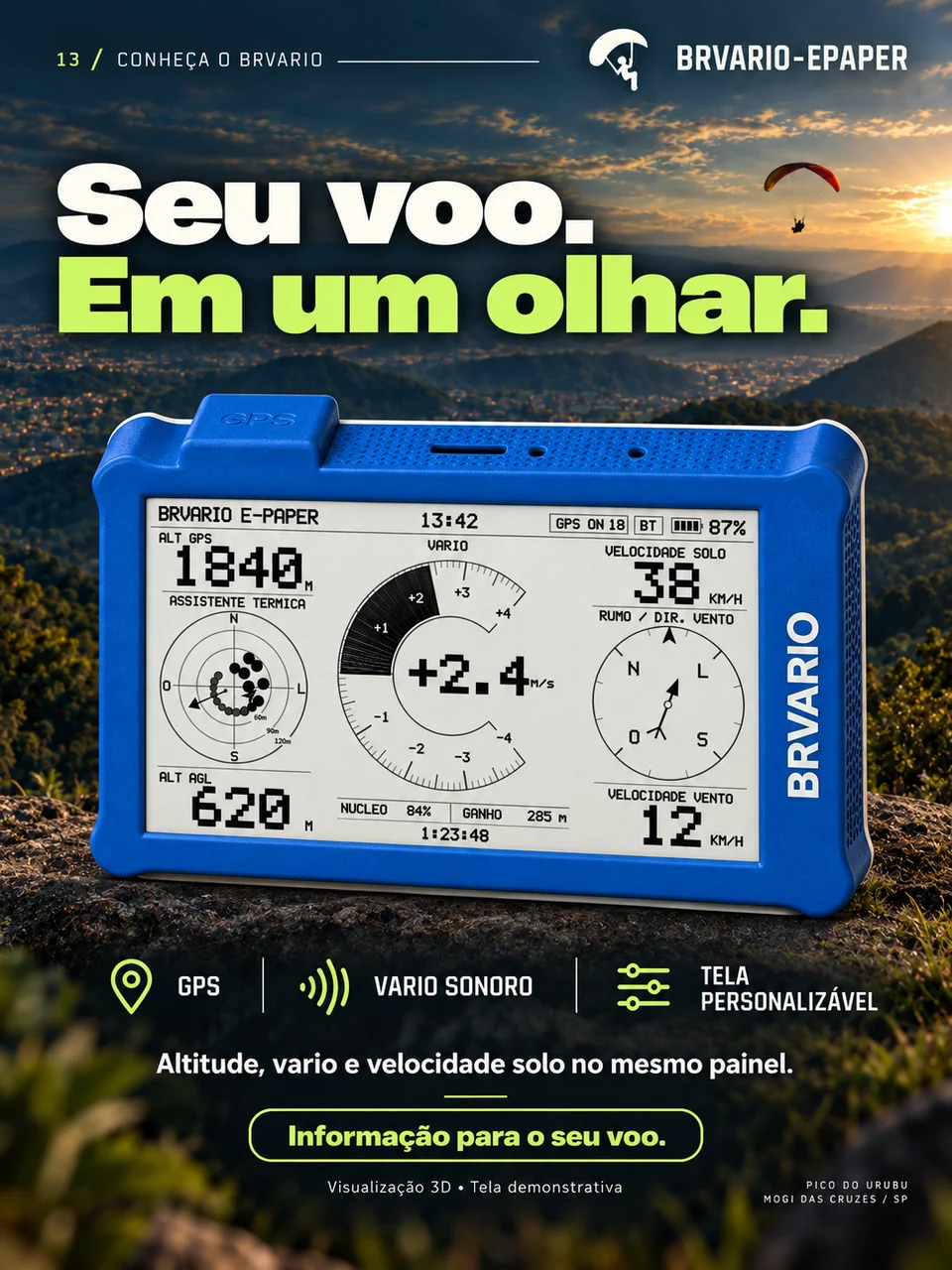 BRVARIO E-PAPER — Azul. Seu voo em um olhar. Arte de divulgação com tela demonstrativa.