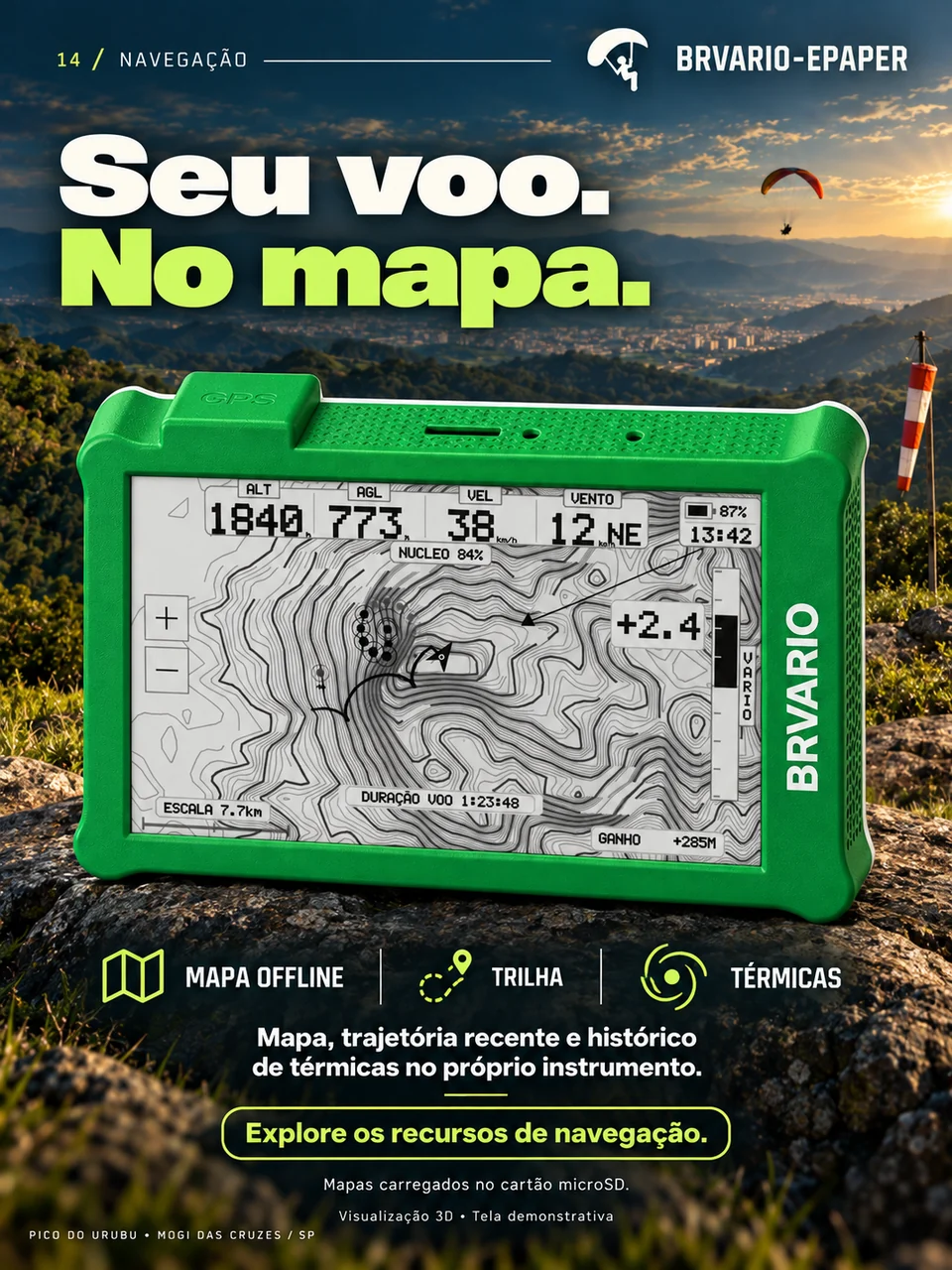 BRVARIO E-PAPER — Verde. O percurso em contexto. Arte de divulgação com tela demonstrativa.